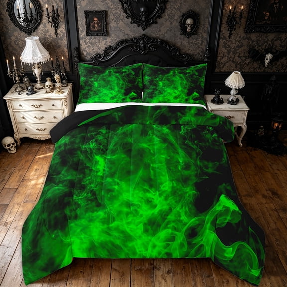 Feelyou Green Spooky Ghost Full Size Comforter Sets, Gothic Halloween Bedding Comforter Set, Black Reversible, 3-Piece, 1 Comforter and 2 Pillowcases