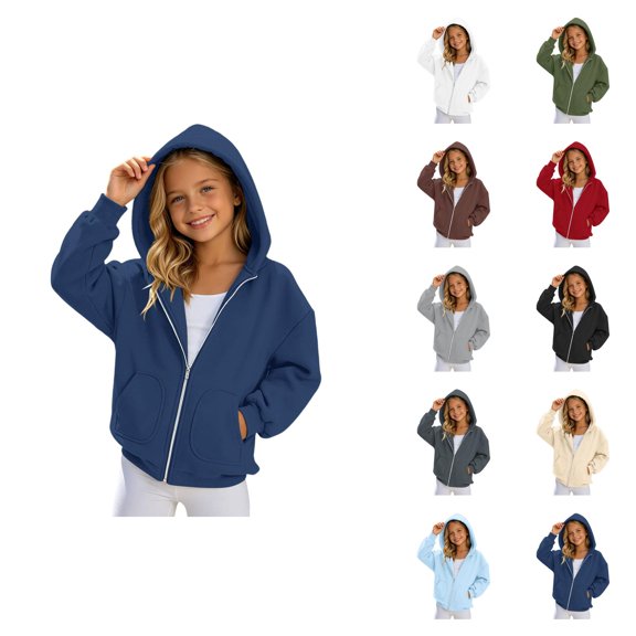 Girls Zip Up Hoodie Sweatshirt Solid Color Jacket Long Sleeve Crewneck Lightweight Casual Cardigan for Kids