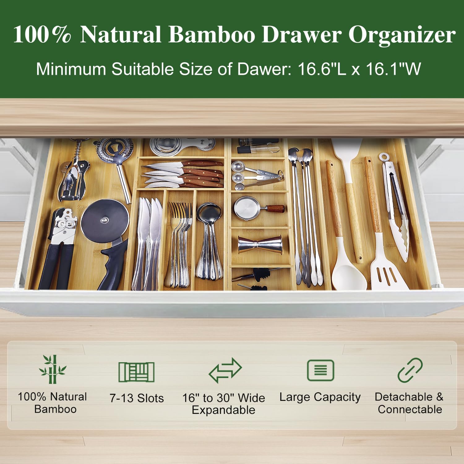 Large Bamboo Expandable Drawer Organizer, Silverware Organizer for Drawers, 16 to 30 Inches Wide, 7-13 Slots, Kitchen Drawer Organizers for Utensils, Bamboo Wood Cutlery Organizers