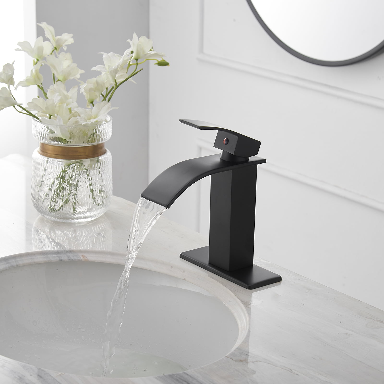 BWE Matte Black Bathroom Faucet Modern Waterfall Single Hole Faucet for Bathroom Sink Single Handle with Pop Up Drain with Overflow Assembly and Supply Line Lavatory Bath Faucet