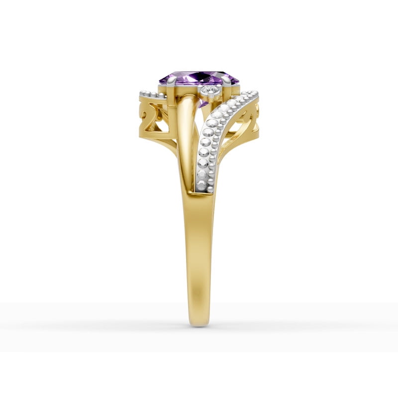 OMRE February Birthstone Amethyst Ring 925 Sterling Silver and 10K Yellow Gold Women