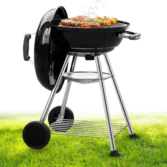 18 Inch BBQ Charcoal Grill for Outdoor Cooking Portable Smoker Camping Barbecue Coal Kettle Heat Preservation Dual Venting System Heavy Duty with Thickened Wheels for Small Patio Backyard