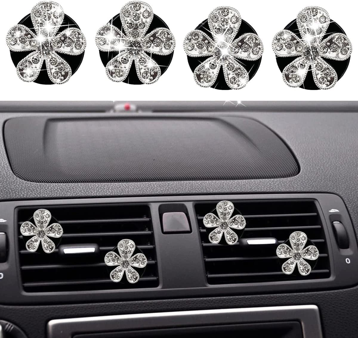 Car Air Fresheners Vent Clips, 4Pcs Bling Flower Air Vent Clips Car