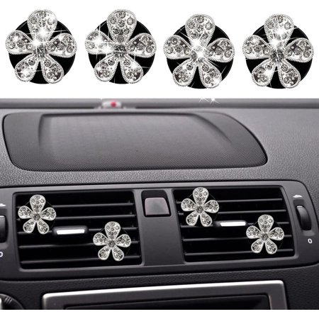 Car Air Fresheners Vent Clips, 4Pcs Bling Flower Air Vent Clips Car Accessories,Diamond Rhinestone Car Vent Clips Dashboard Decorations,Daisy Flower