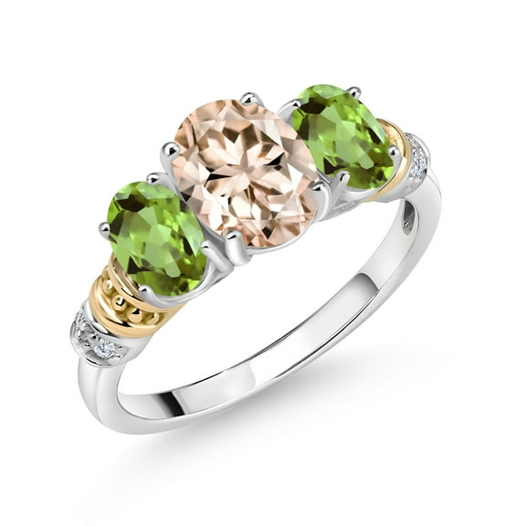 Gem Stone King 925 Sterling Silver and 10K Yellow Gold Oval Peach Morganite Green Peridot and White Diamond 3 Stone Ring for Women (2.03 Cttw, Gemstone October Birthstone, Size 9)