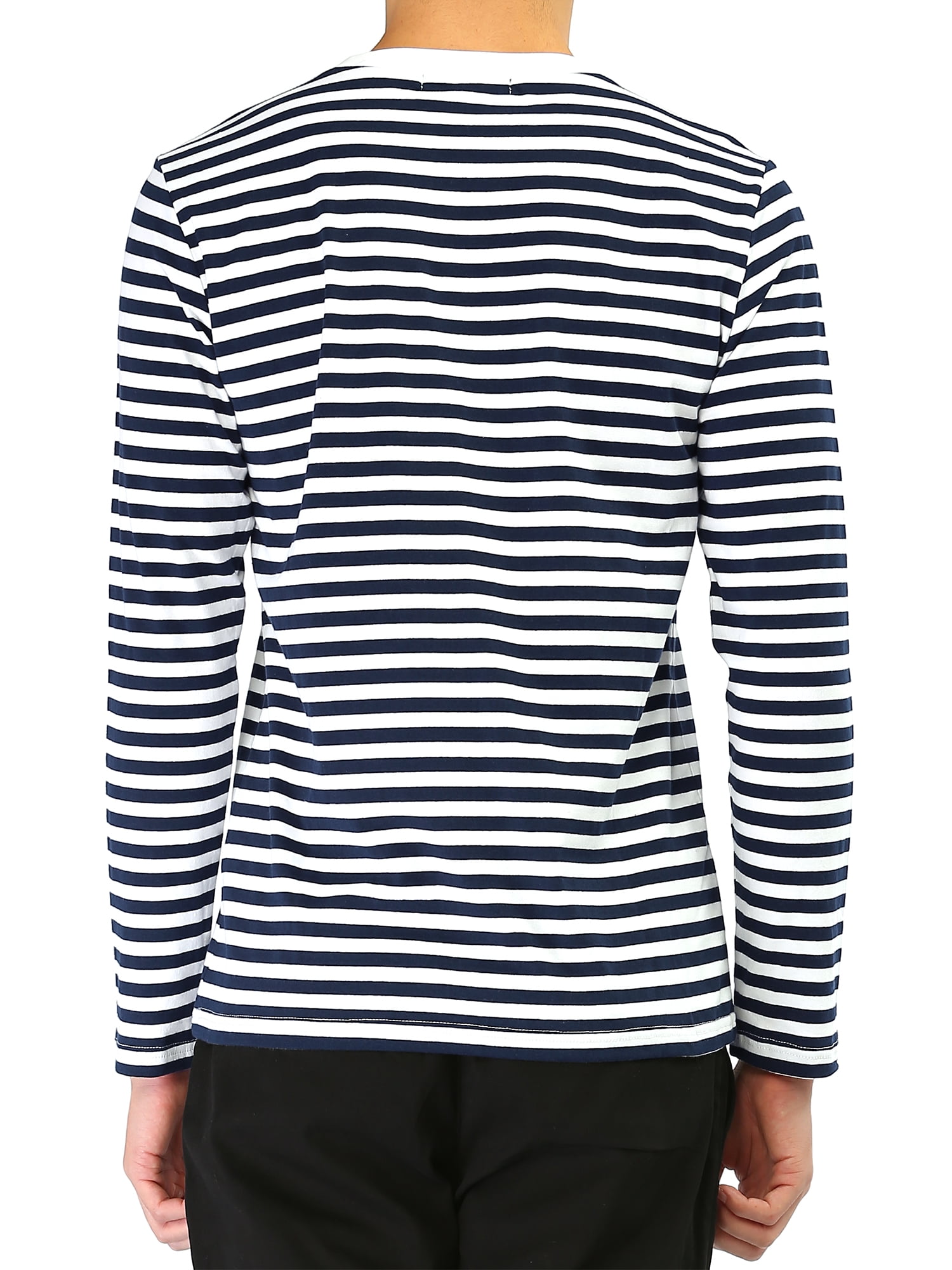 Unique Bargains Men's Long Sleeve Pullover Top Crew Neck Striped T-Shirts 42 Navy Blue