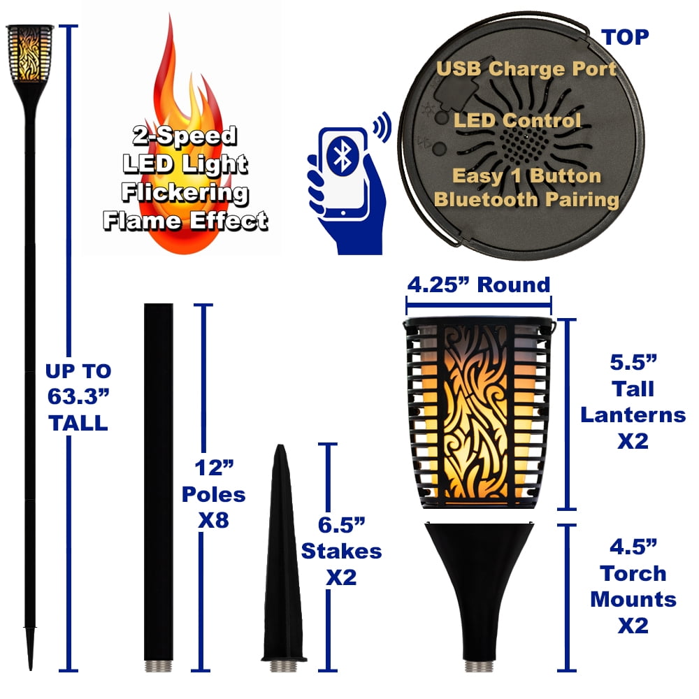 Theater Solutions TT100 Fully Wireless 120 Watt Rechargeable Battery Bluetooth Tiki Torch Speaker 2 Pack Lanterns Link Up To 99 Speakers Wirelessly