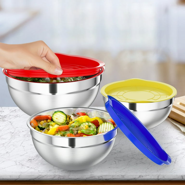 Cool Care Stainless Steel Mixing Bowl & Whisk Set, Heavy Duty Non Slip SS Metal - Mini, Compact, Small Stackable Nesting - Best for Mixer, Salad