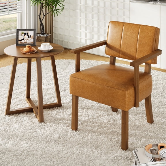 Faux Leather Accent Chair, Mid-Century Modern Armchair with Classic Vertical Stripe, Reading Leisure Chair with Wood Frame for Living Room, Brown