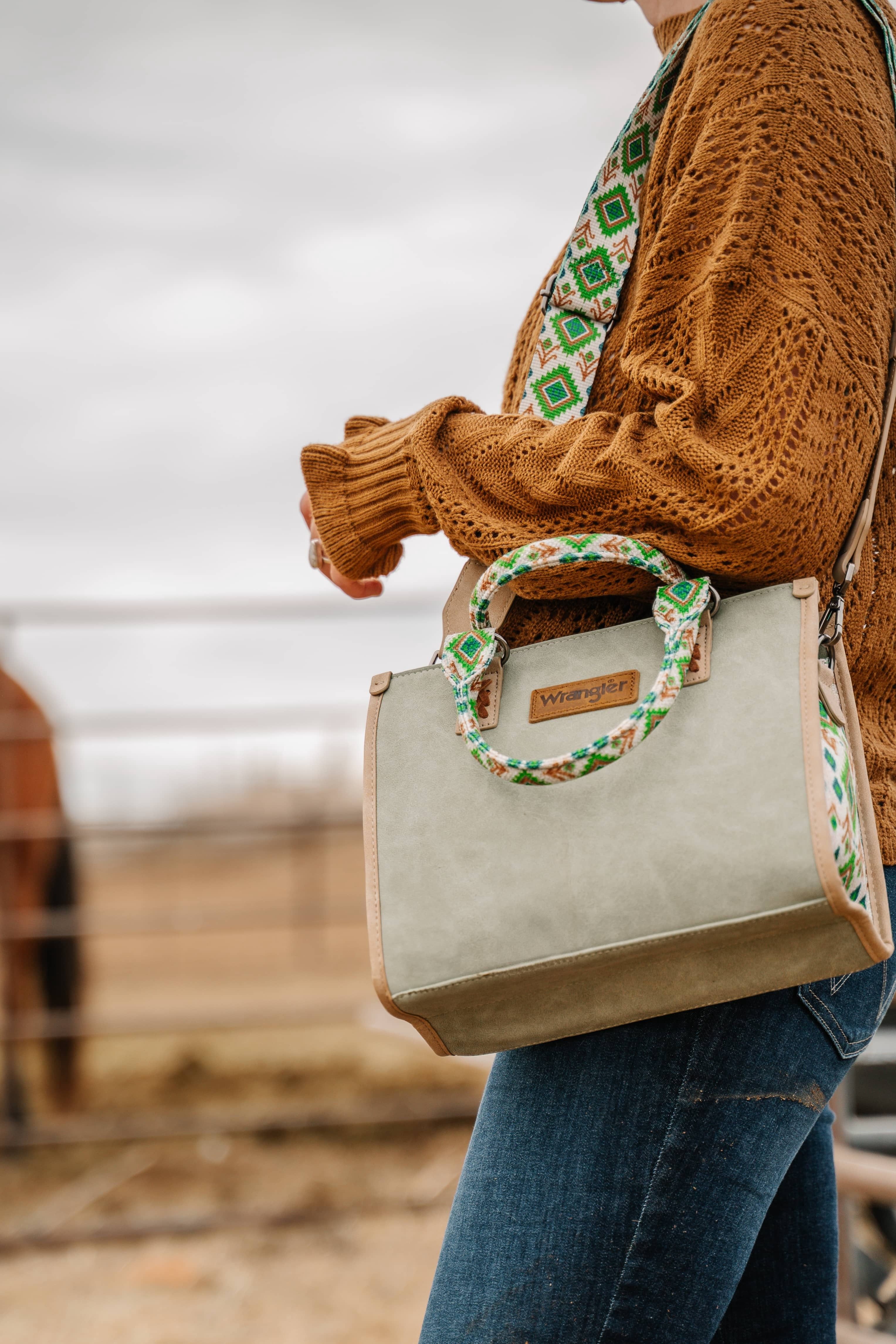 Wrangler Tote Bag for Women Western Retro Purse Top Handle Handbags with Aztec Strap, Green
