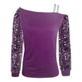 thumbnail image 4 of HNMKIU Women Lightweight Long Sleeve T Shirts for Women Rhinestone Sequin Net Yarn Off Shoulder Top for Party 2-Purple,XL, 4 of 5