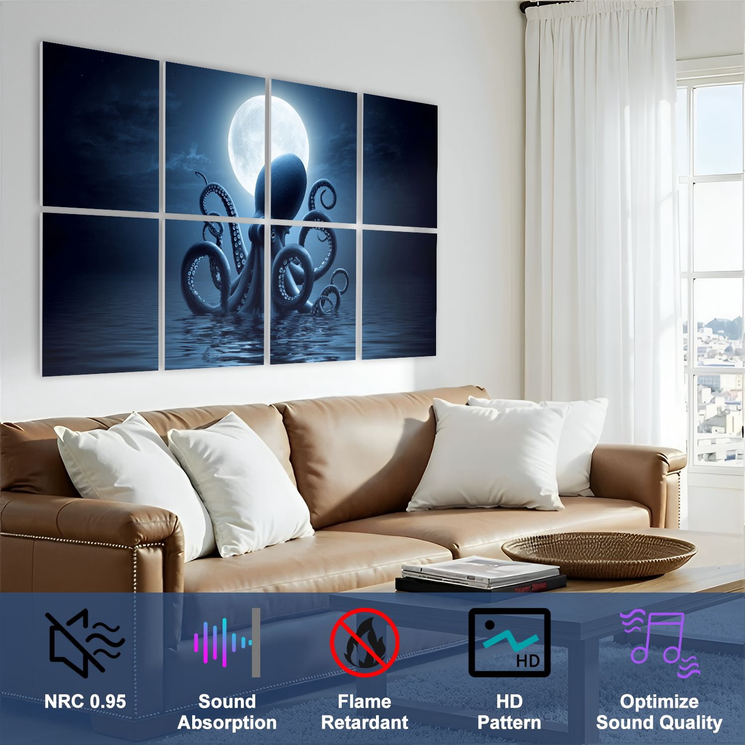 Gothic 8 Pack Art Acoustic Panels Sound Absorbing Giant Octopus Emerging Ocean Full Moon Night Sky Decorative Soundproof Wall Panels Self Adhesive for Nursery Game Room Bedroom 48"x32"