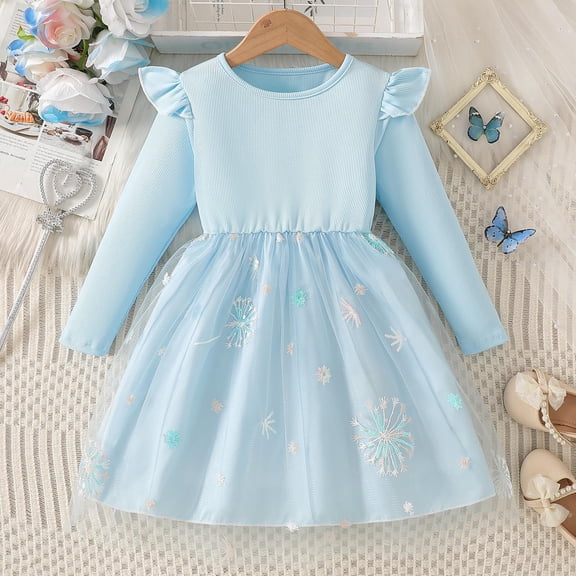 Girls Long Sleeve Tulle Dress with Dandelion Embroidery, Ruffle Shoulder Party Dress, Blue Kids Dress for Ages 3-10,Size 5-6 T