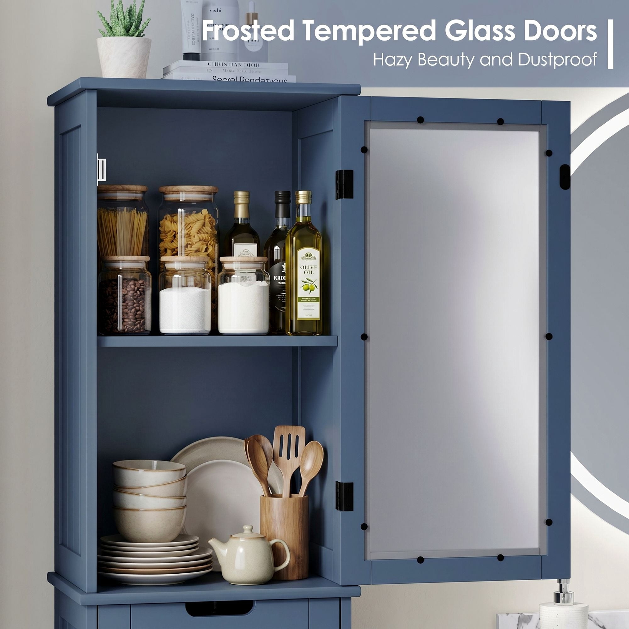 Homfa Narrow Kitchen Pantry Storage Cabinet, 67" Slim Pantry Cabinet with Drawer and Door, Space-Saving Freestanding Storage Cabinet for Small Place, Blue