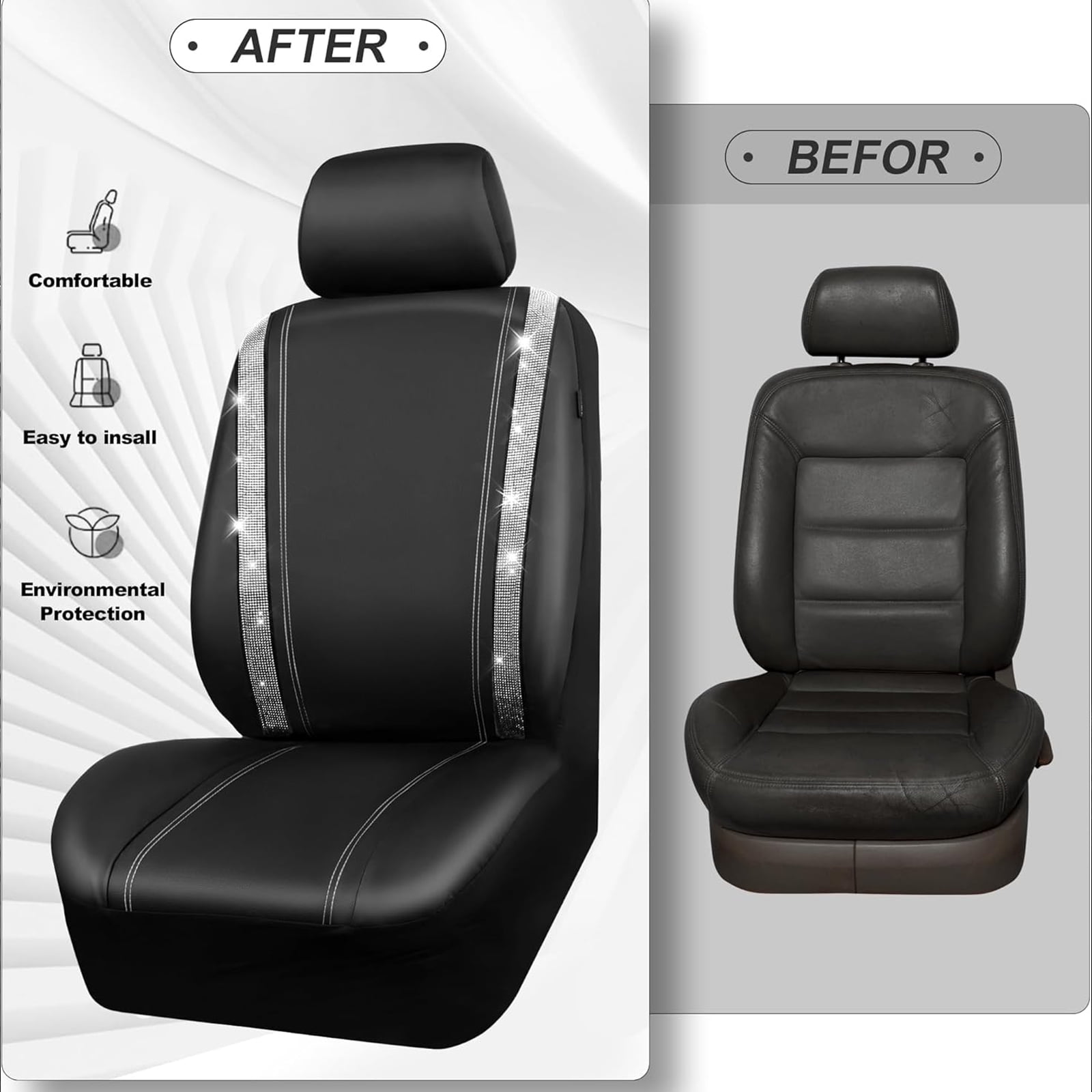Car-Grand Bling diamond Rhinestone Leather car seat covers front pair shinning spark glitter crystal cute universal fit automotive glitter SUV truck sedan women girly Silver