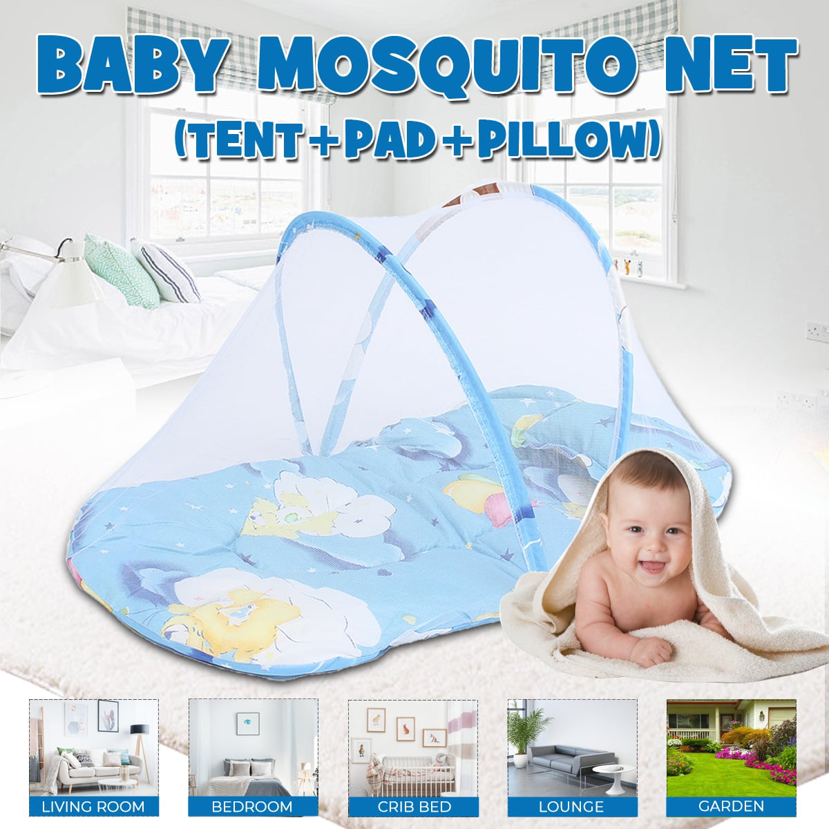 Baby Travel Bed for 0-24 Month Baby Blue Pattern Baby Cots Newborn Foldable Crib with Mosquito Net Portable Baby Bed,Travel Folding Baby Crib