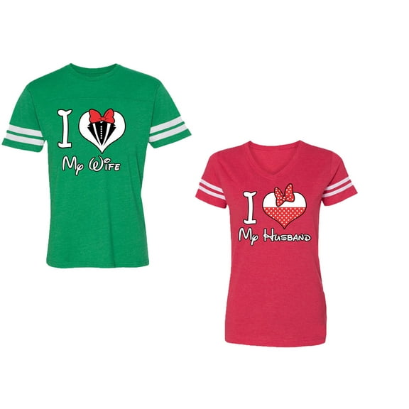 I Love My Husband Wife Unisex Couple Matching Cotton Jersey style T-Shirt Contrasting stripes on sleeves (Men Green / Women Red) (Men XXL / Women S)