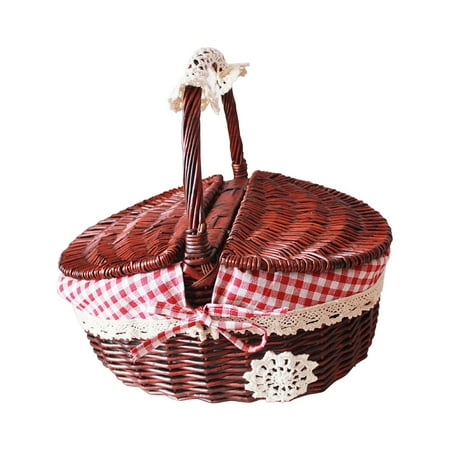 

Uanit Red Brown Small Lined Picnic Basket Outdoor Vine Weaving Flower Shopping Hotel Cleaning Tool Cover Brown