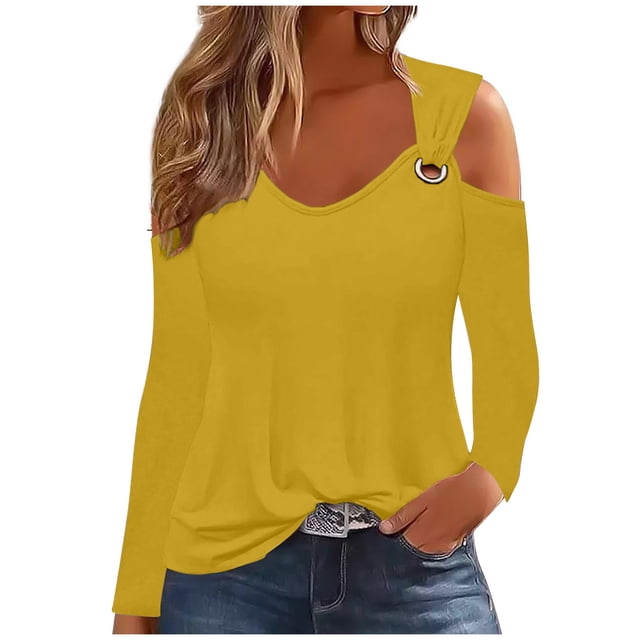 Yuyuzo Womens Tunic Tops Cold Shoulder Long Sleeve Shirts Loose Solid Color Lightweight Tee Tops