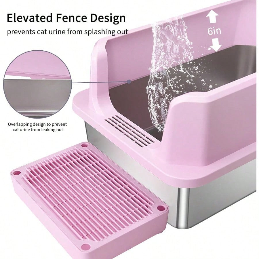Stainless Steel Cat Litter Box SemiEnclosed Litter Box With Top Holes Large Litter Pan For Small To Large Sized Cats Light Pink 23.8 L16 W12 H