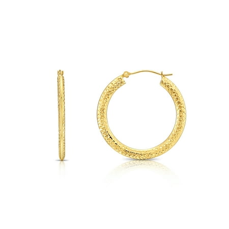 Tilo Jewelry 14K Yellow Gold Flat Hoop Earrings with Hand Engraved X-Pattern | 25mm | Women & Unisex