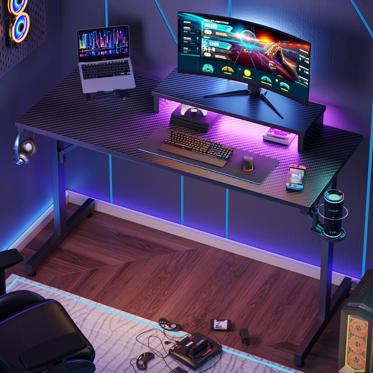 Bestier 42 Gaming Desk PC Computer Office Table Desk with LED Lights &  Monitor Stand & Headphone Hook & Cup Holder in Carbon Fiber Black