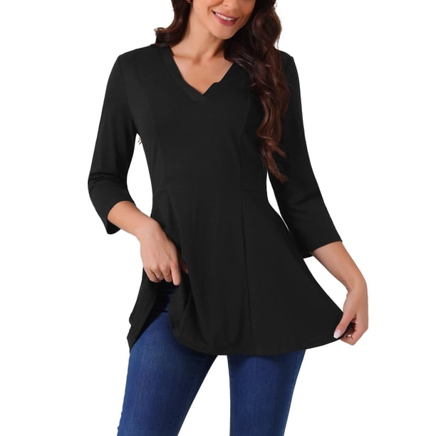 INSPIRAR CHIC Blusas Básicas de Mujer con Cuello en V, Manga 3/4, con Bolsillos, Corte Suelto, Talla S, Color Negro