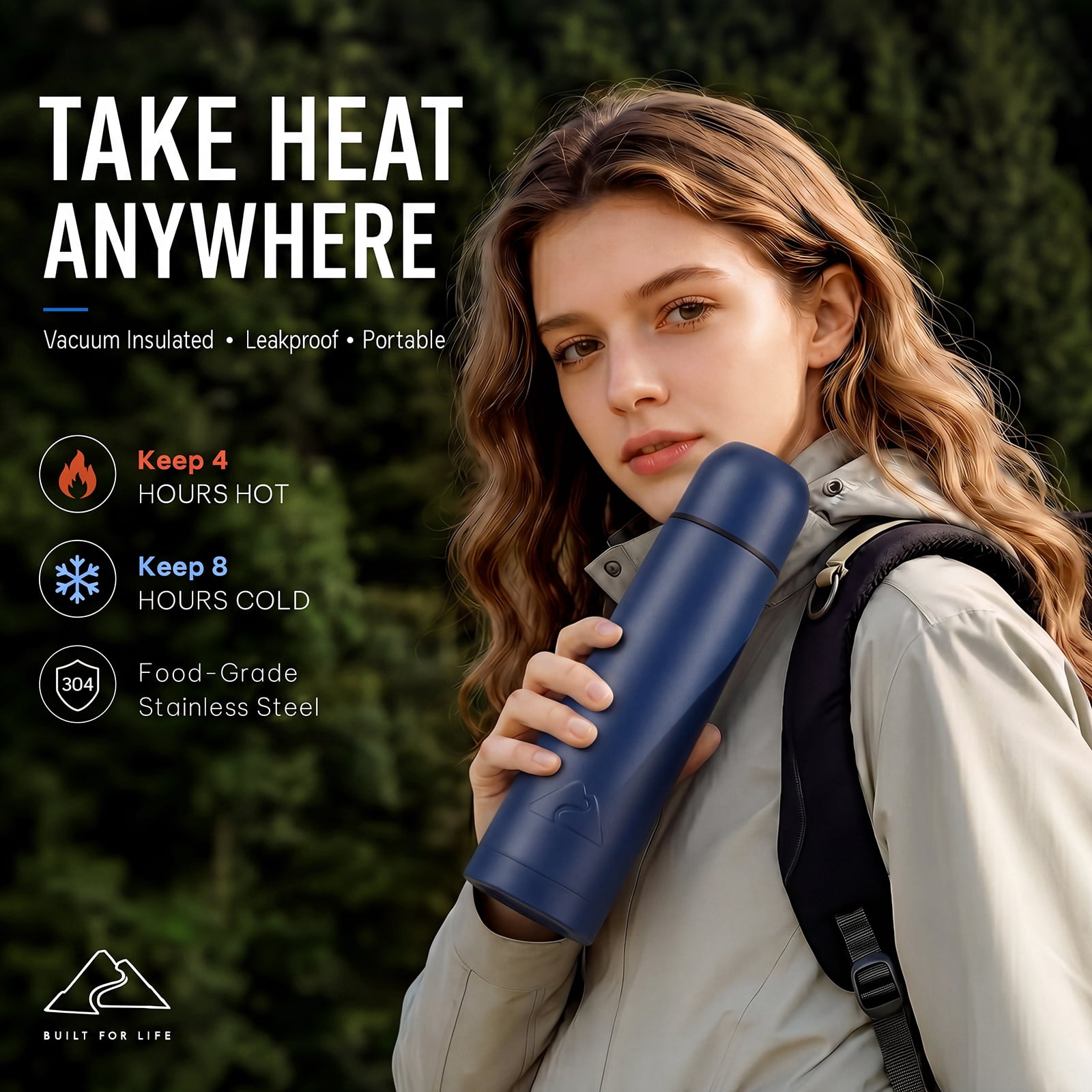 Ozark Trail 18oz Vacuum Insulated Stainless Steel Double Wall Thermal Water Bottle with Cup ,Navy Blue
