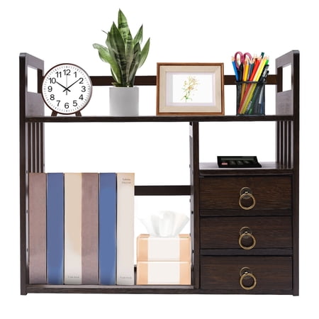 Desktop Bookshelf 19.7 Desktop Organizer Shelf 2 Tier Desk Shelf Brown Desk Hutch for Computer Desk Multifunctional Freestanding Storage Rack Display Shelf with 3 Drawers for Home Office
