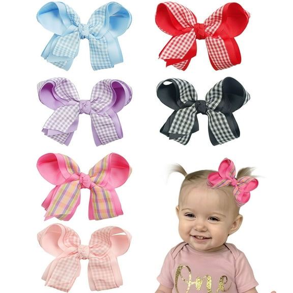 6 Pack JoyBowie Plaid & Striped Hair Bows for Toddlers Girls, Satin Ribbon Hair Clips for Kids Daily Use Party Hairstyles