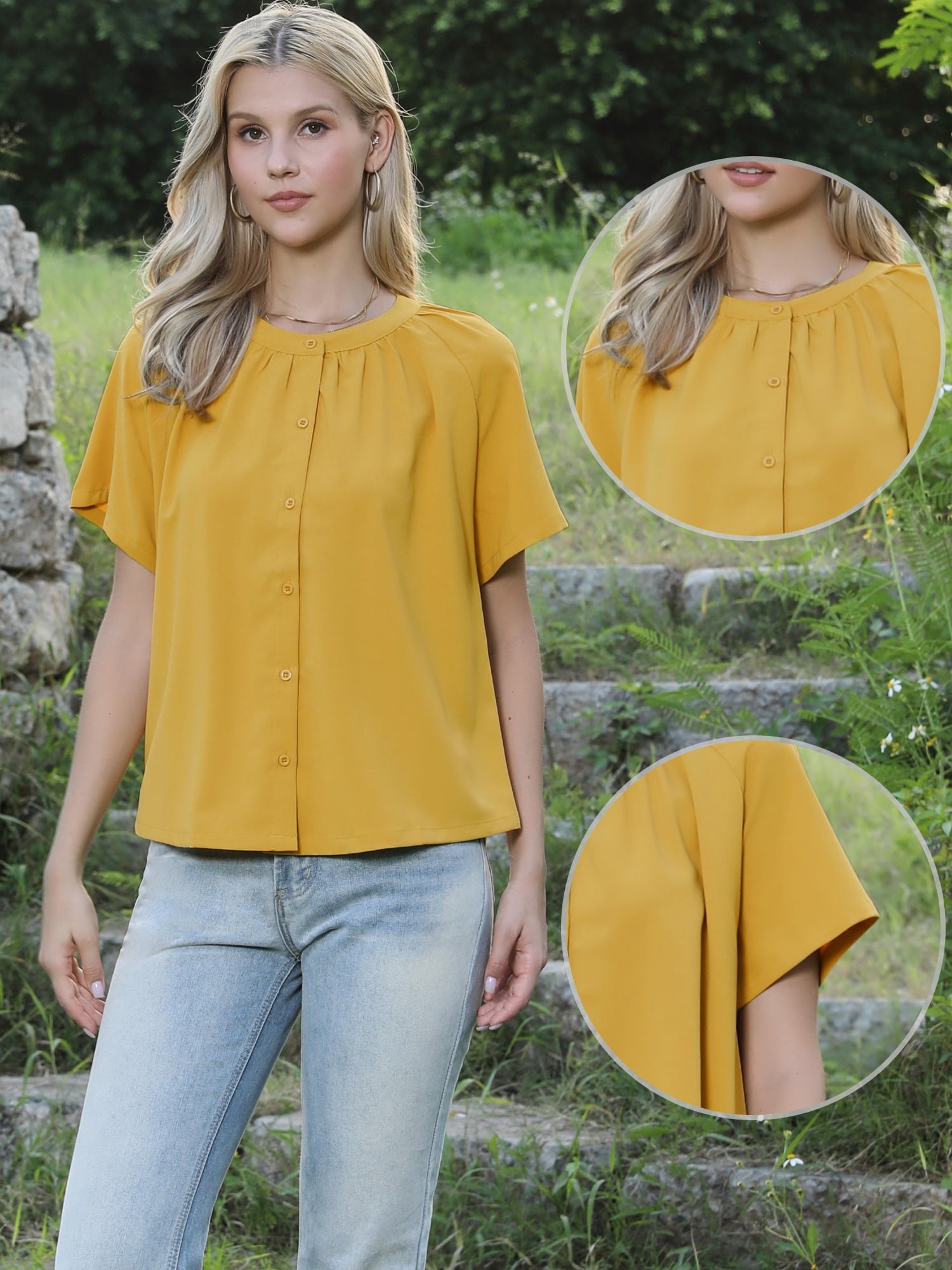 DARING DIVA Women's Button Down Short Sleeve Ruched Neck Summer Shirts S Yellow