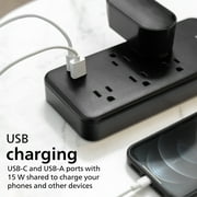 Philips 6-ft 5-Outlet Surge Protector, 1 USB-a, 1 USB-C, 15W, 1500J, Braided Cord, Black