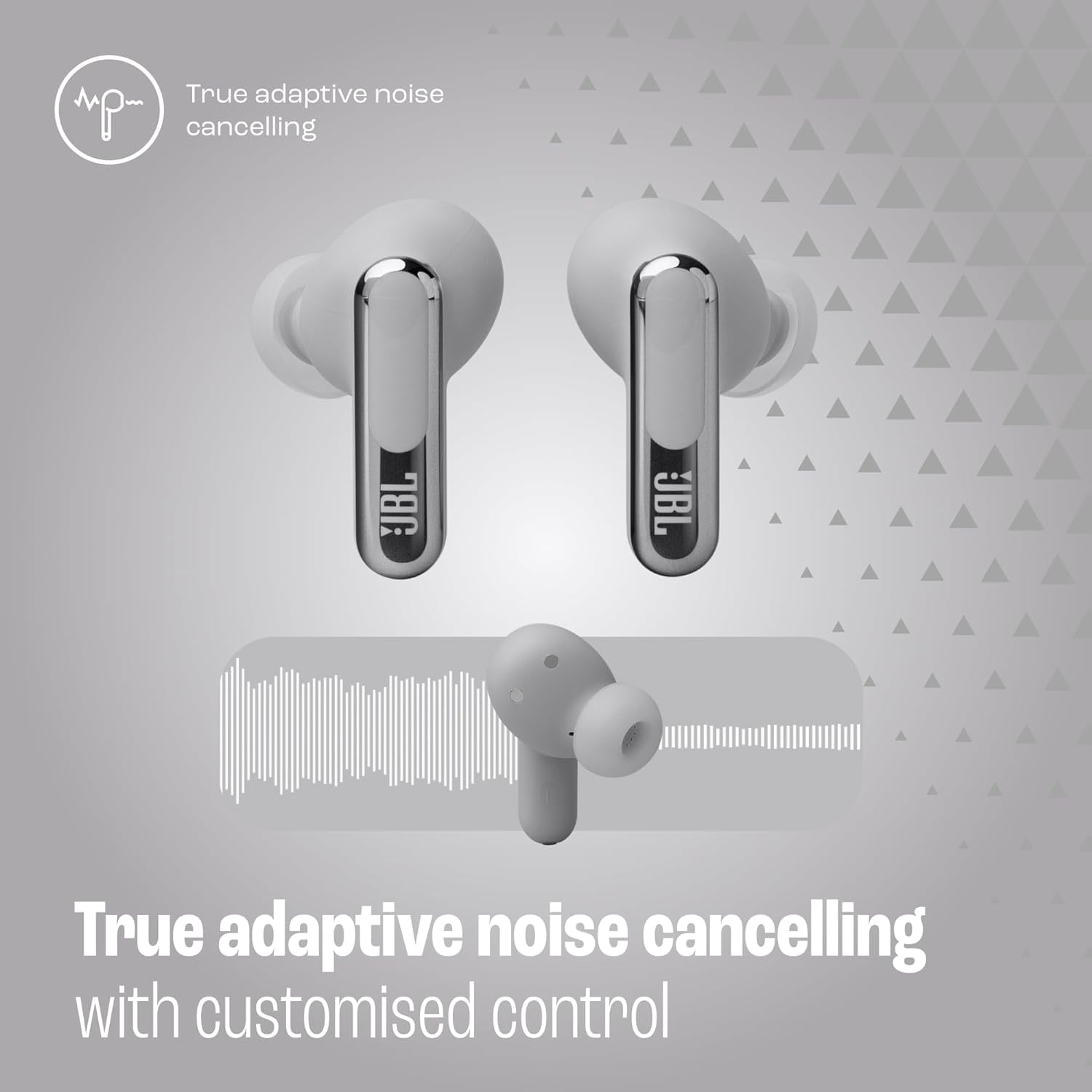 Open Box JBL Live Beam 3 - True wireless noise-cancelling earbuds with stick-closed design and Smart Charging Case - Silver