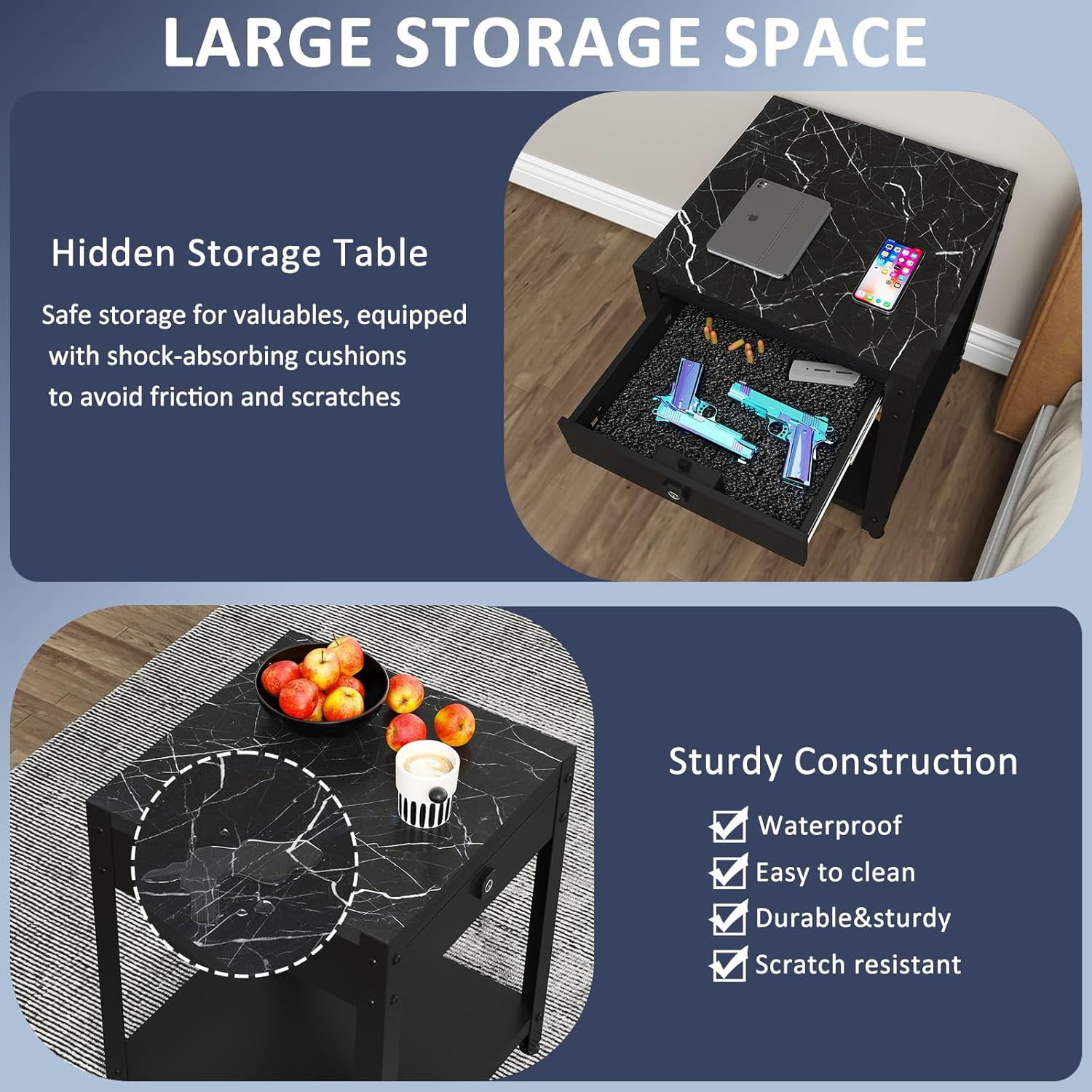 Nightstand Gun Table with Hidden Locking Compartment, Smart Fingerprint Gun End Table, Secure Storage Cabinet for Handguns and Valuables, Quick Access Small storage coffee table for Bedroom or Office