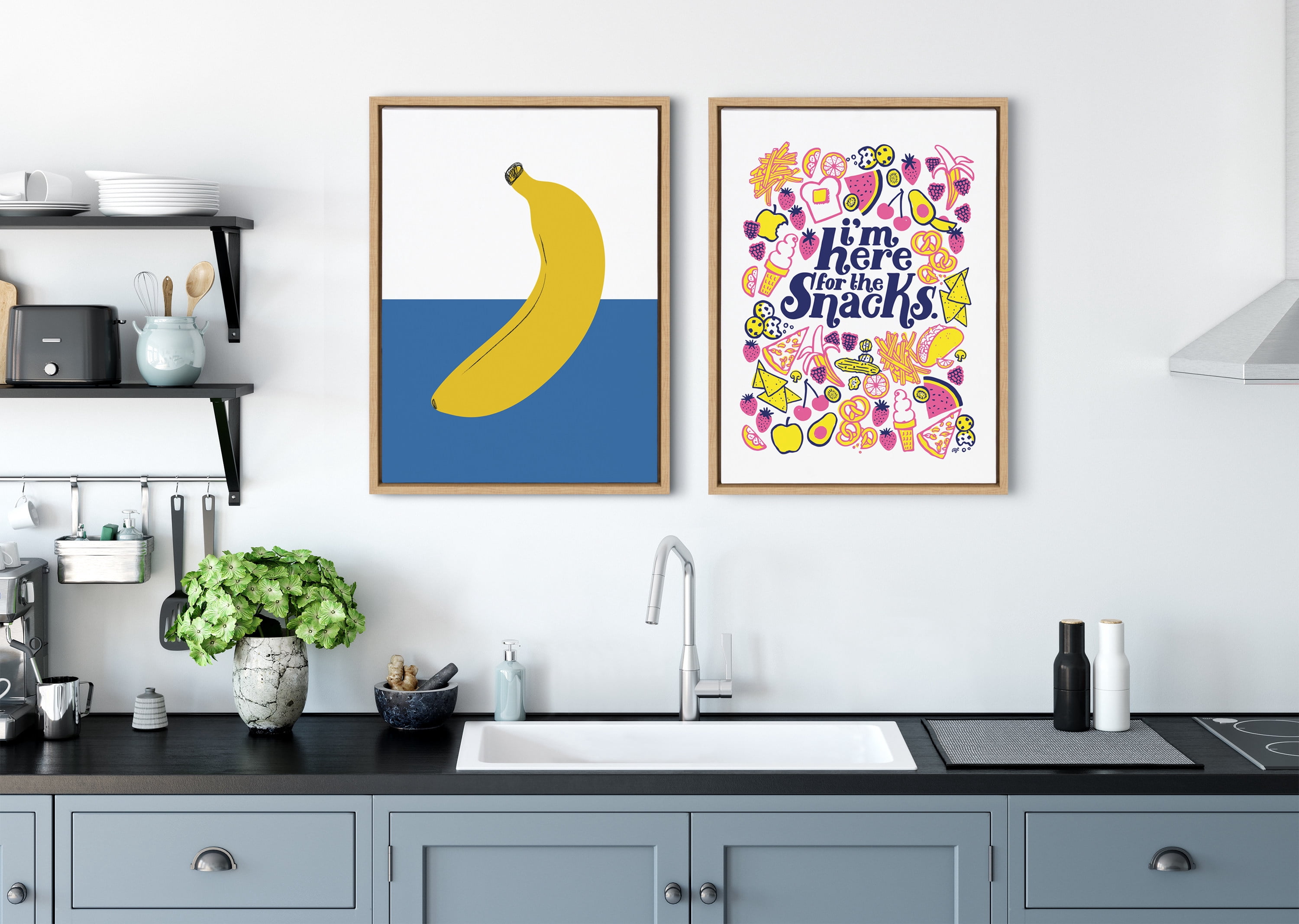 Kate and Laurel Sylvie Here for the Snacks Framed Canvas Wall Art by Maria Filar, 18x24 Natural, Cute Humorous Art for Wall