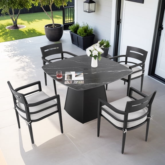 5-Piece Outdoor Pedestal Dining Set, 44" Rounded Square Sintered Stone Table with Flared Base and 4 Armchairs, Sunbrella Cushions, Rust-Free Aluminum, Weather-Resistant, for Patio or Deck (Black)
