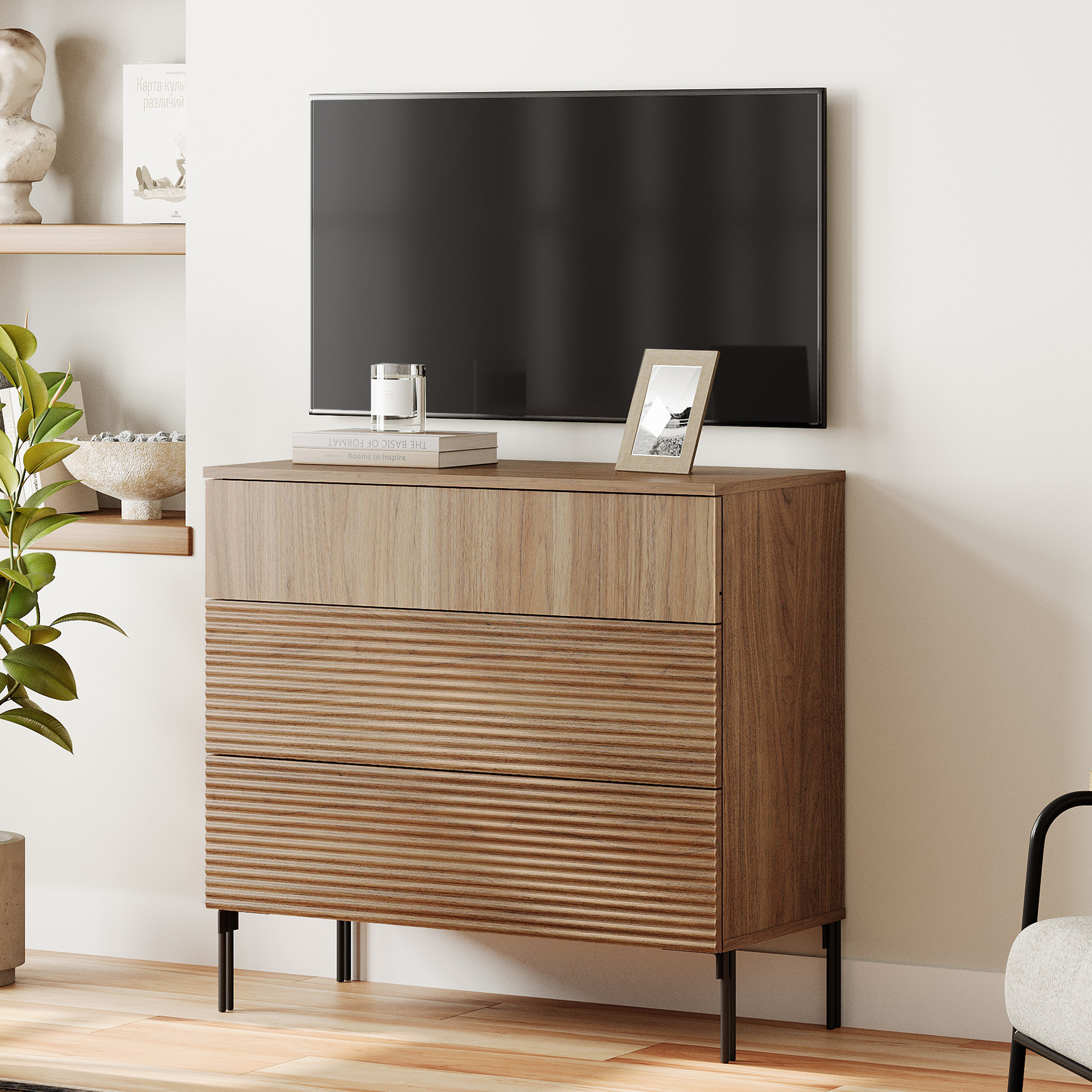 31.5" Reeded Dresser TV Stand, Modern Minimalist Entertainment Center, Wooden TV Console with Storage for Living Room,Bedroom