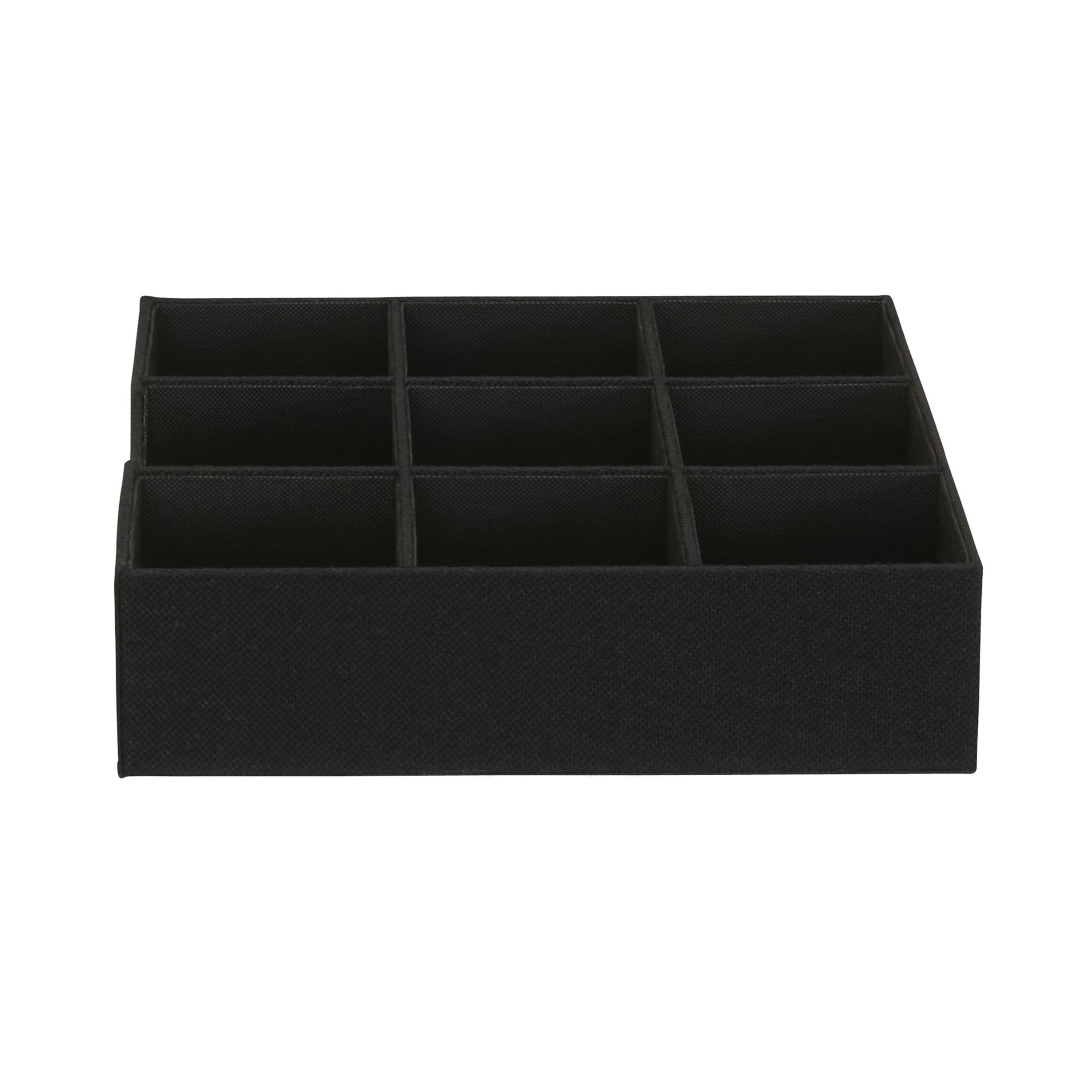 Household Essentials 9-Compartment Drawer Organizers, Pack of 2, Sturdy Chipboard With Soft Polyester Cover, Convenient and Stylish Storage Solution, 3” H x 12” W x 12” D, Black Linen