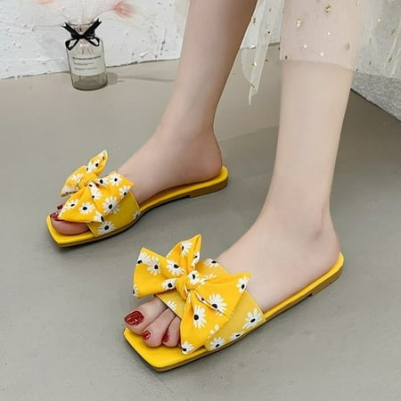 

Sandals Women Summer Fashion Bowknot Open Toe Breathable Comfortable Flat Flip Flop Womens Sandals Pu Yellow 42