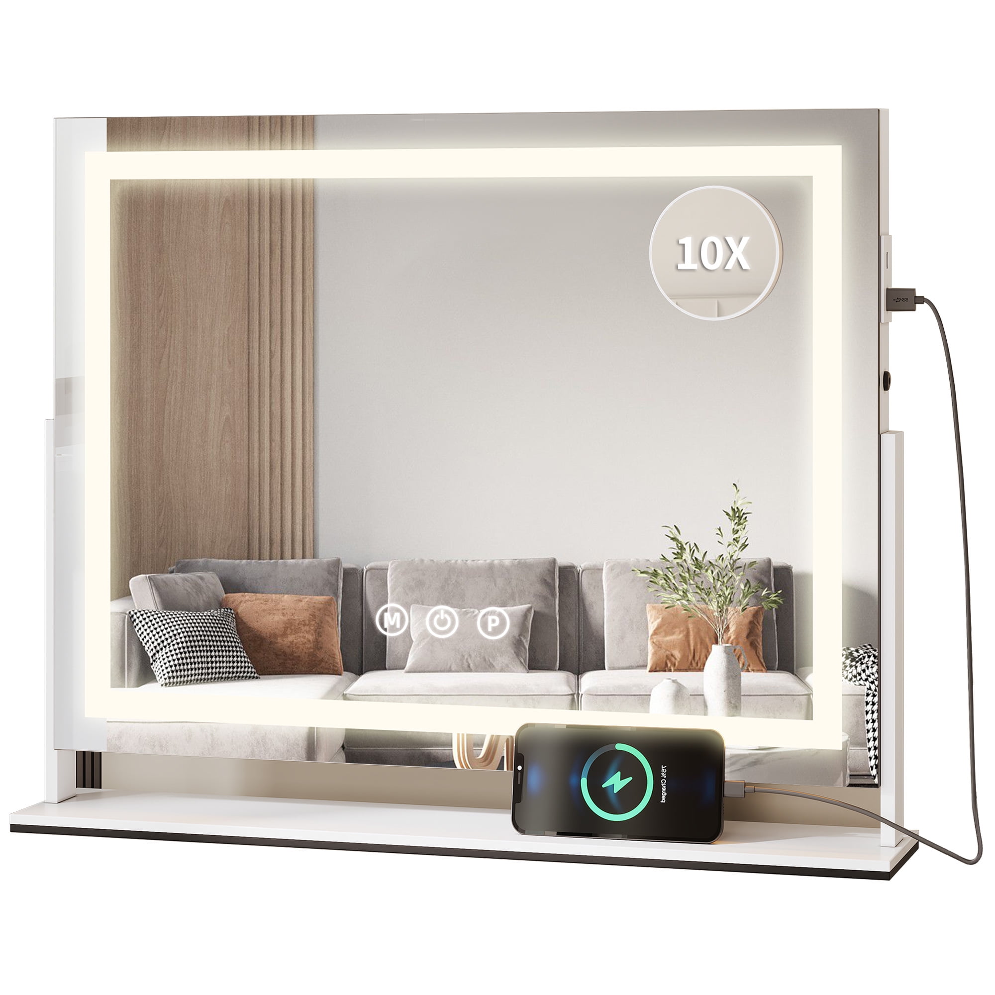 Dextrus Vanity Mirror with Lights, 24.6" x 22.8" LED Makeup Mirror with USB Ports & 10X Magnification, 3 Color Lights Touch Control, Tabletop or Wall Mount , 360°Rotation