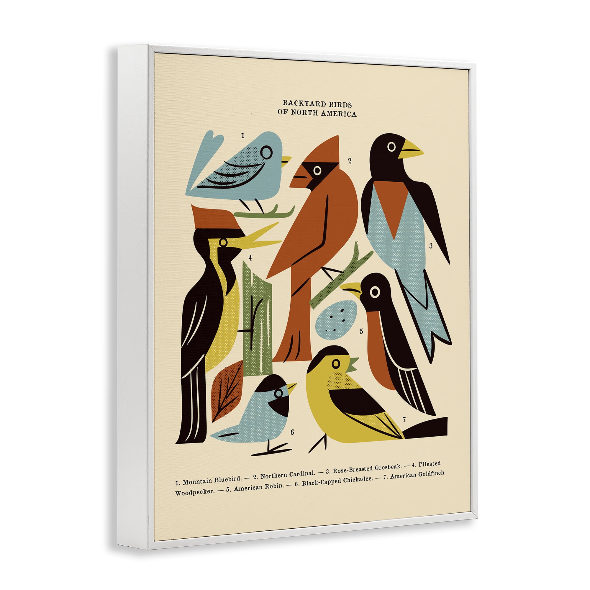 Backyard Birds Midcentury Modern White Framed Giclee Art, design by Renea L. Thull