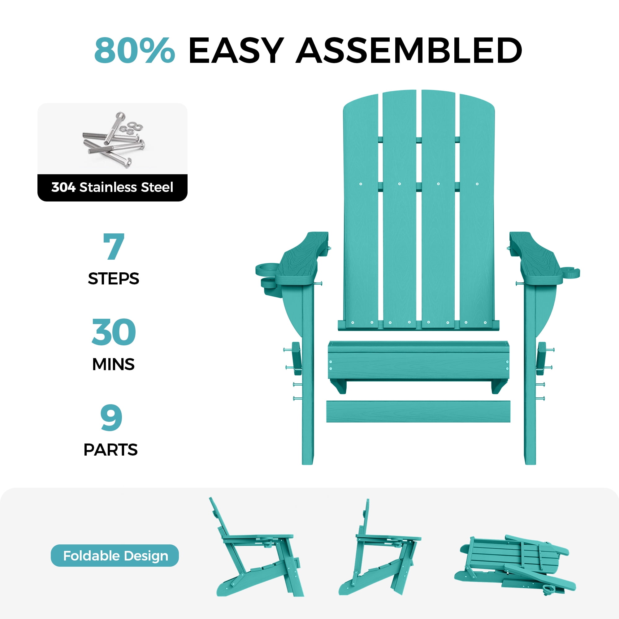 Adirondack Chair Set of 4, Outdoor Folding All-Weather HDPE Adirondack Chairs with 2 Cup Holders for Patio, Aqua