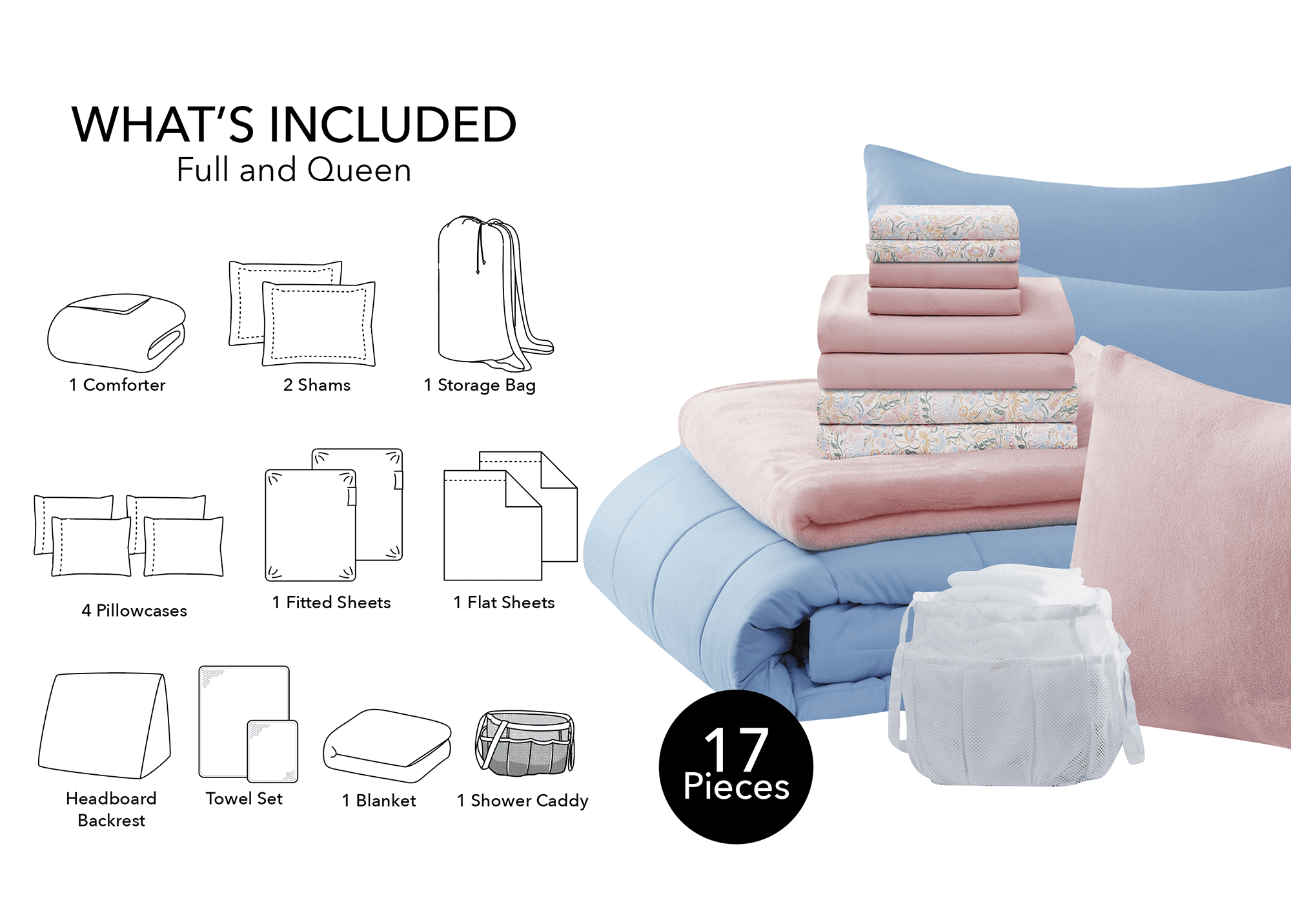 17pc College Dorm Essentials Bundle, Full, Reversible Bed in a Bag Comforter Set, Light Blue and Pink