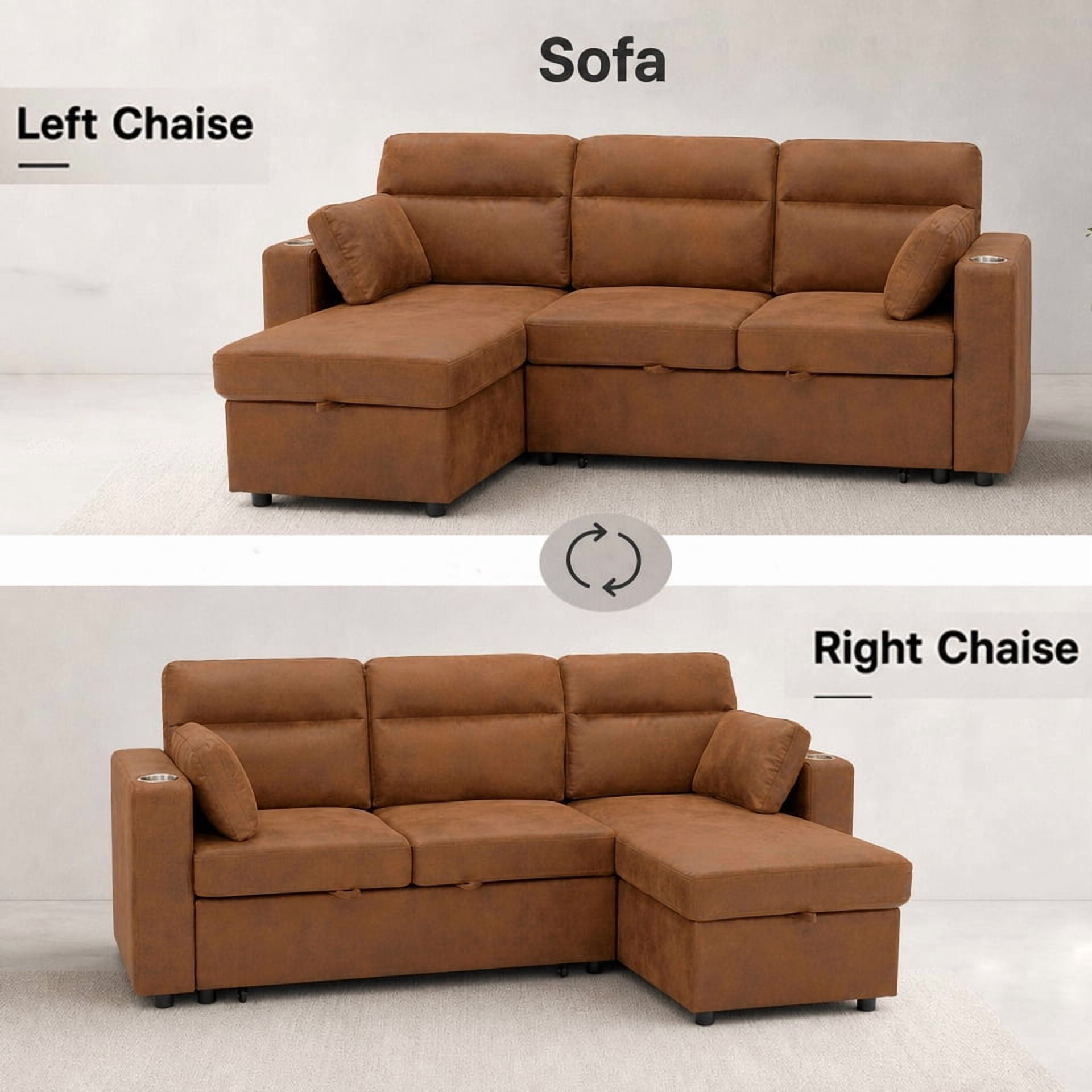 Leumius 82.5" Sectional Sofa with Pull-Out Bed,L-Shaped Sofa with Storage Chaise, Cup Holders and 2 Pillows,Light Brown