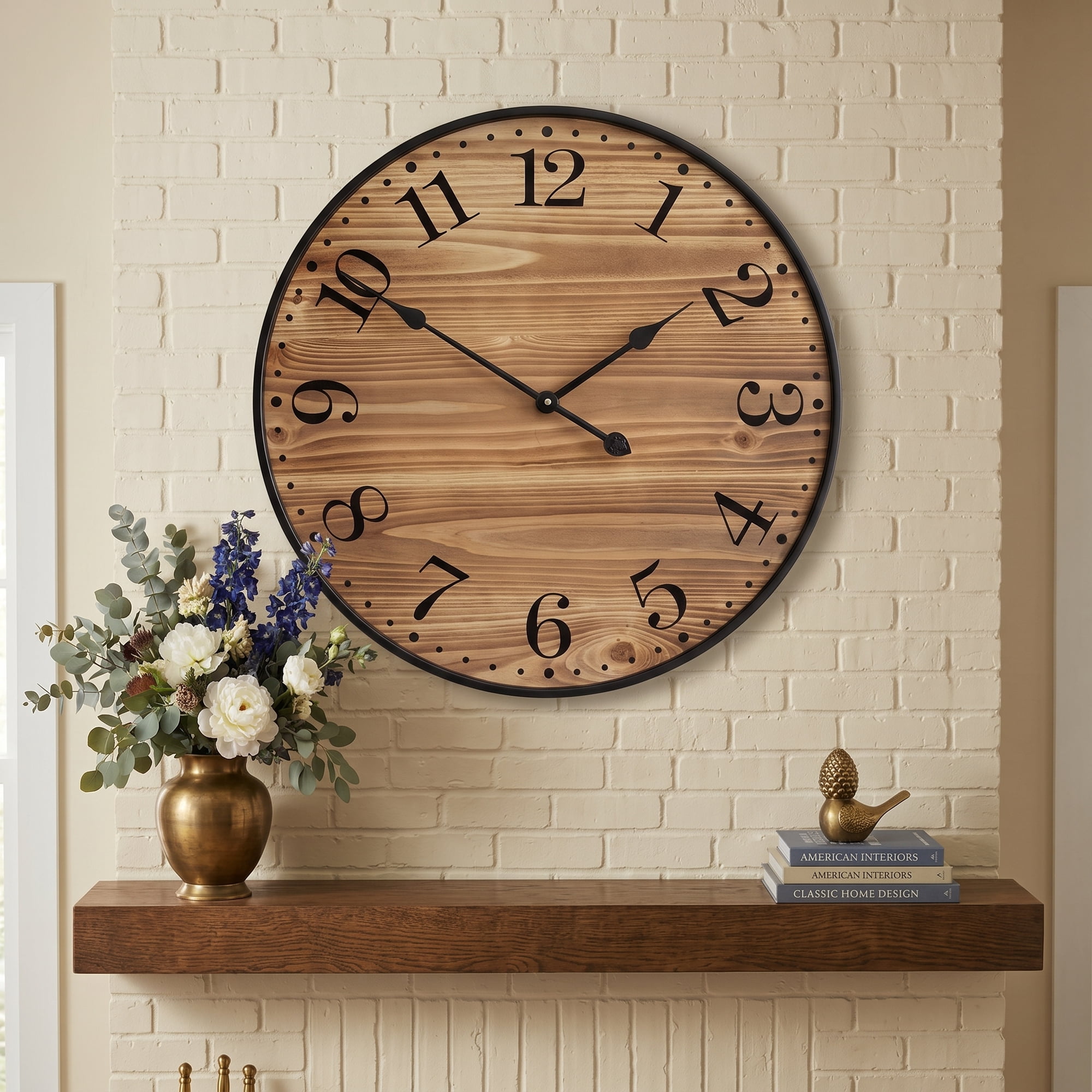 MODE HOME 24 inch Large Farmhouse Wall Clock, Rustic Dark Brown Wood and Metal Clock, Silent Non-Ticking Round Decorative Wall Clock for Living Room, Kitchen and Bedroom