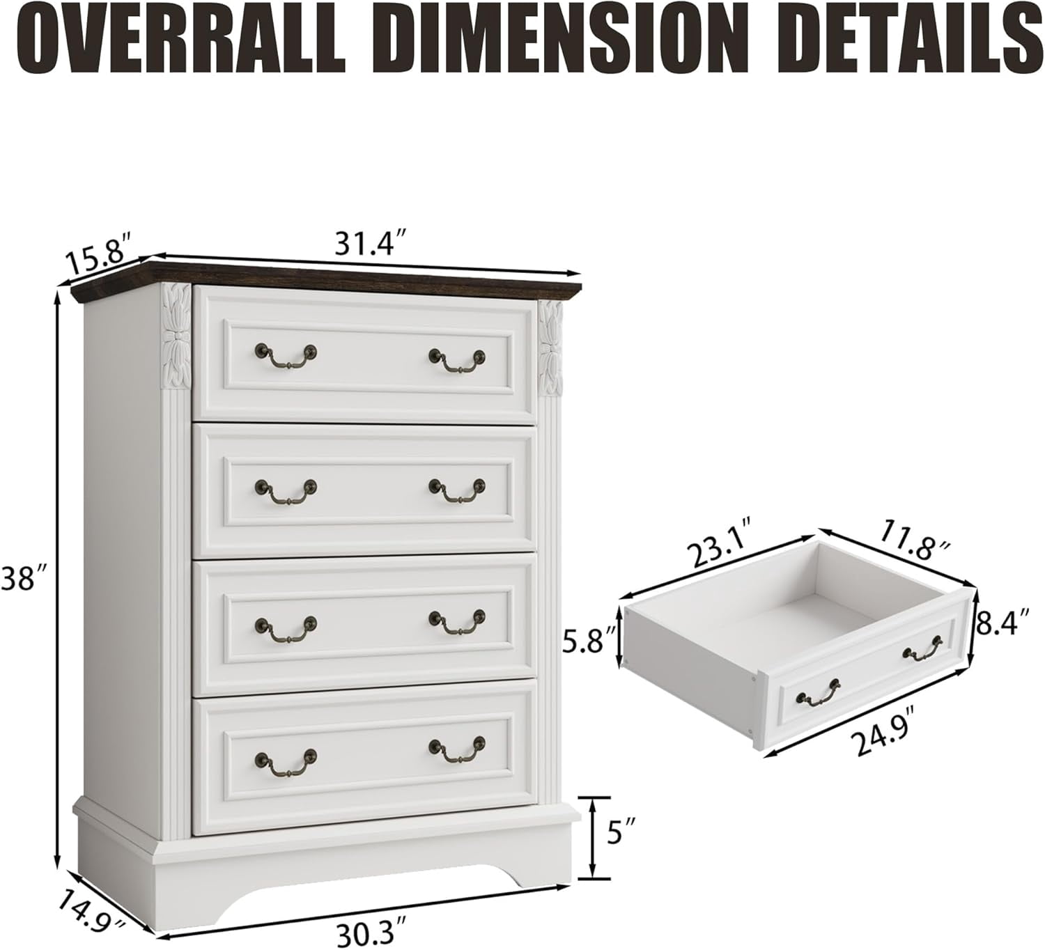 BOSHIRO 4-Drawer Dresser for Bedroom, Farmhouse Carved Storage Chest Organizer with Brown Top, Antique White Finish