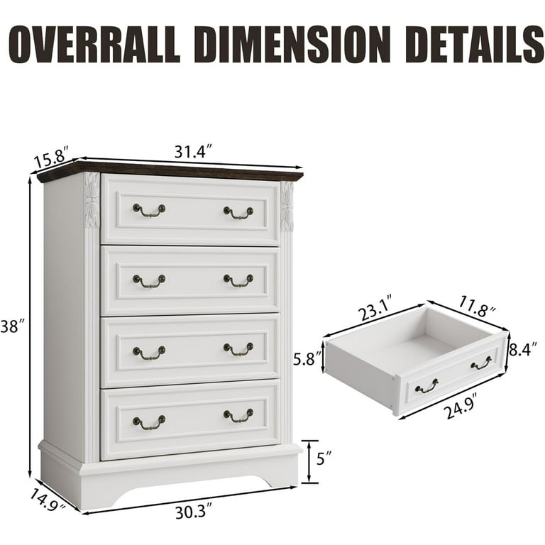 BOSHIRO 4-Drawer Dresser for Bedroom, Farmhouse Carved Storage