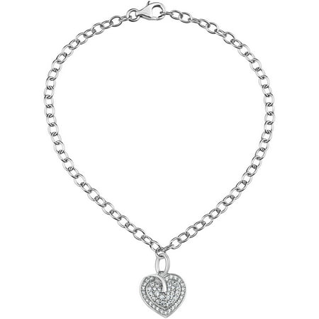White CZ Sterling Silver Heart Charm Bracelet, 8