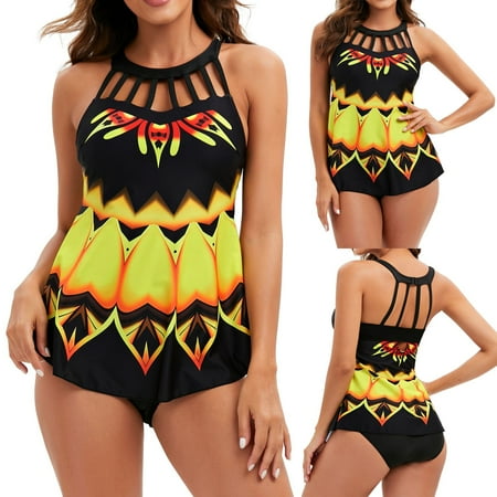 

Fiudx Women Print Strappy Back Tankini Set Two Piece Swimdress Panty Bathing Suit Beachwear 2400