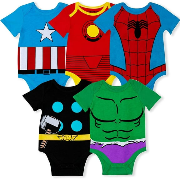 Marvel 5-Pack Avengers Baby Boy Creepers with Iron Man, Captain America, Spiderman, Hulk, & Thor